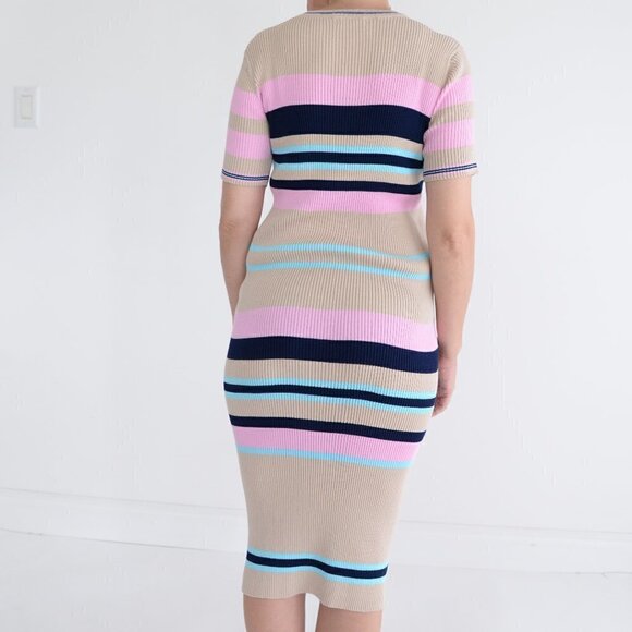 All Row Beige with Navy & Pink Stripe Bodycon Midi Short Sleeve Dress Medium - Picture 4 of 15